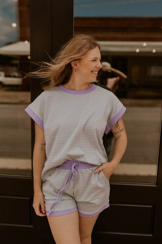 Striped Knit Top and Shorts Lounge Set- Lilac