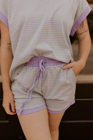 Striped Knit Top and Shorts Lounge Set- Lilac