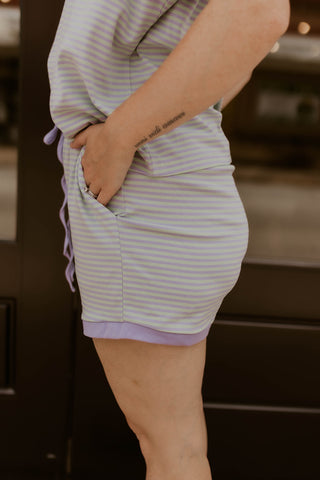 Striped Knit Top and Shorts Lounge Set- Lilac