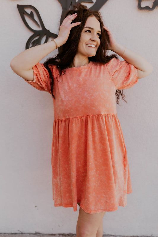 Puff Sleeve Mineral Wash Dress- Coral
