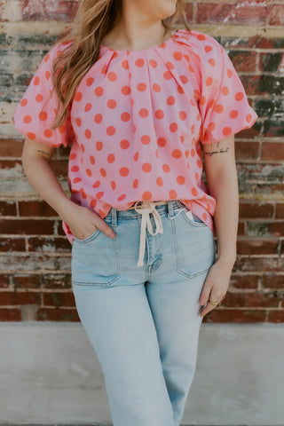 Bubble Sleeve Polka Dot Top