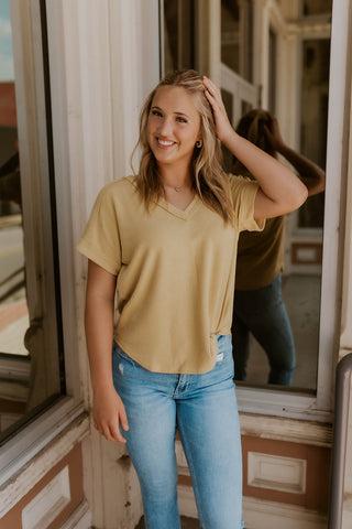 Raw Edge Short Sleeve Basic Tee- Mustard