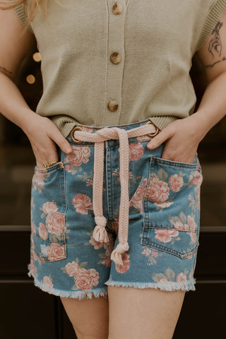 Braided Waist Floral Denim Shorts