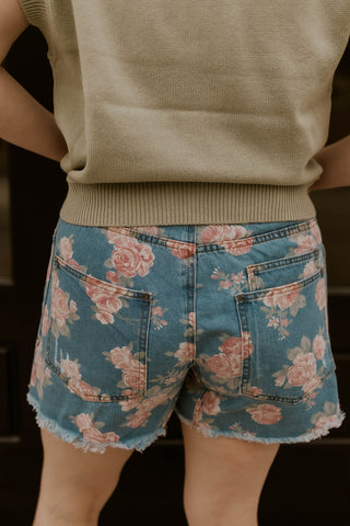 Braided Waist Floral Denim Shorts