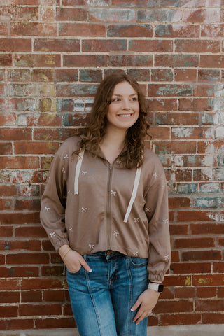 Bow Embroidered Zip Up Hoodie- Sand