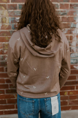 Bow Embroidered Zip Up Hoodie- Sand
