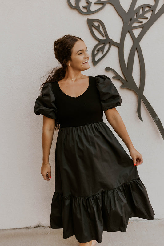 Poof Sleeve Black Midi Dress