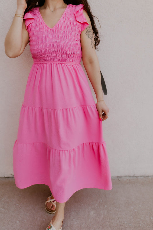 Flutter Sleeve Midi Dress- Pink