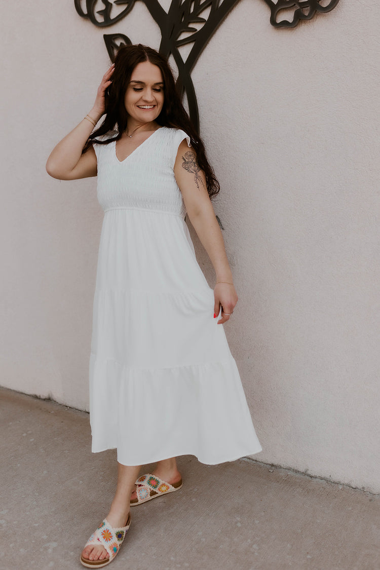 Flutter Sleeve Midi Dress- White