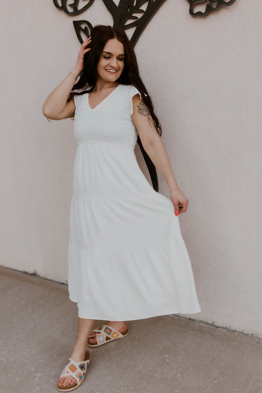 Flutter Sleeve Midi Dress- White