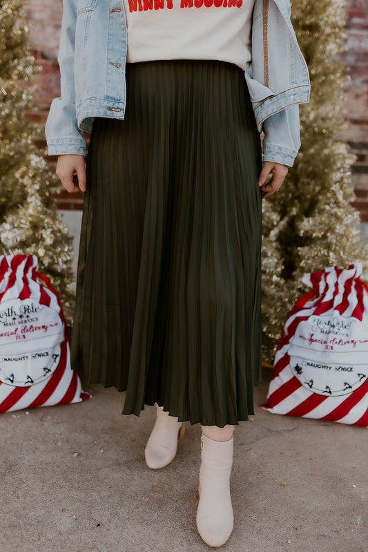 Pleated Olive Midi Skirt