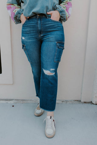 High Rise Crop Straight Cargo Jeans- Risen