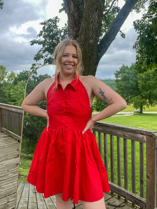 Collared Halter Dress- Cherry Red
