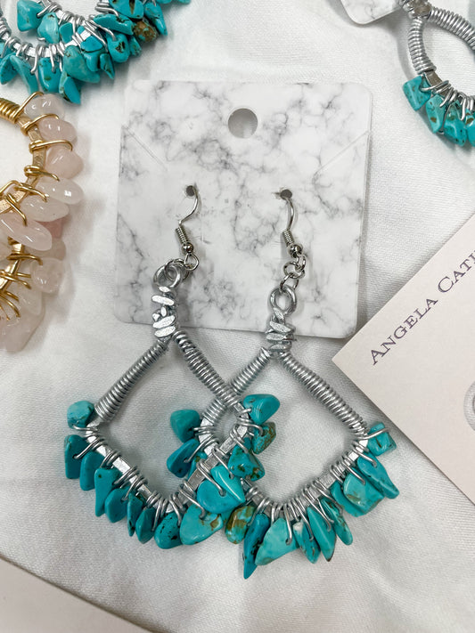 Turquoise Wrapped Diamond Earrings- Silver