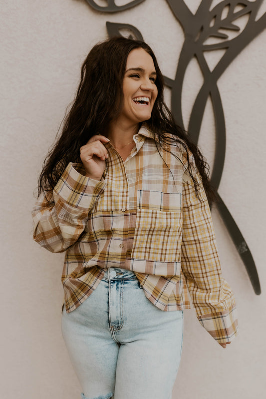 Patched Plaid Button Down- Mustard
