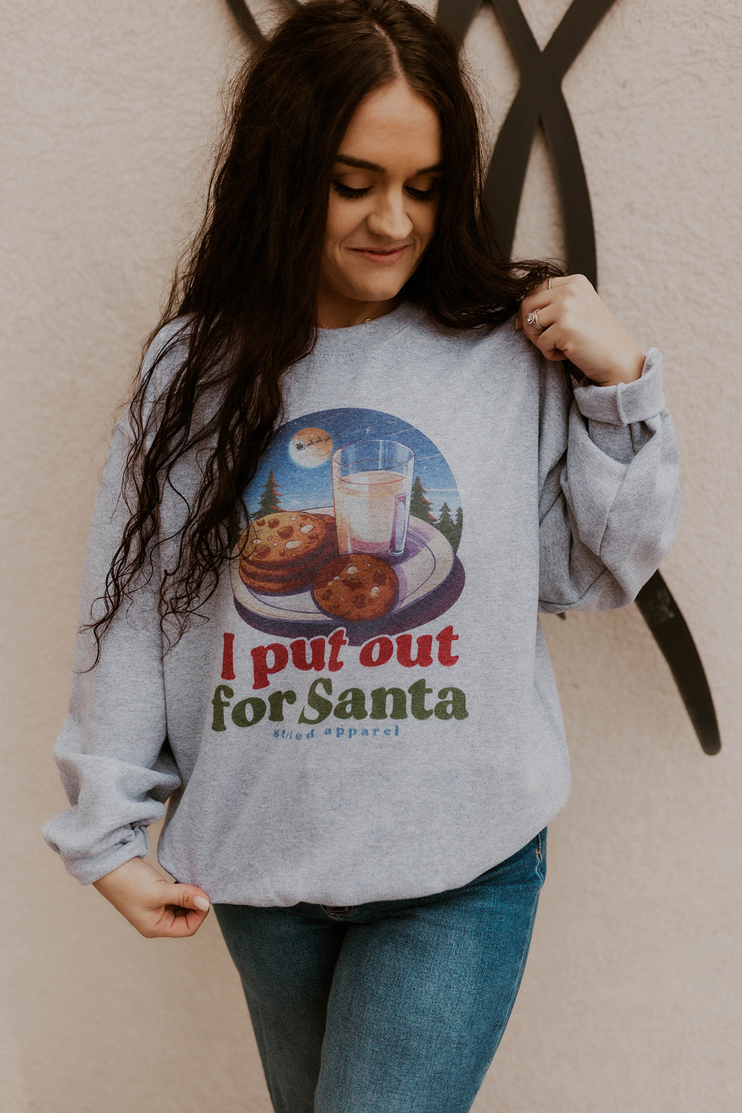 Christmas Sweatshirt that says "I Put Out for Santa" with picture of Milk and Cookies