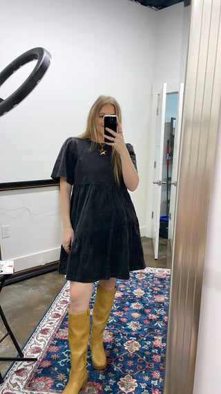 Mineral Wash Denim Flutter Sleeve Dress