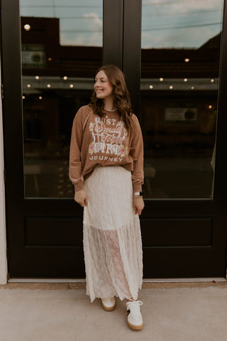 Model wearing Lace overlay maxi skirt with A Small Town Girl Sweatshirt.
