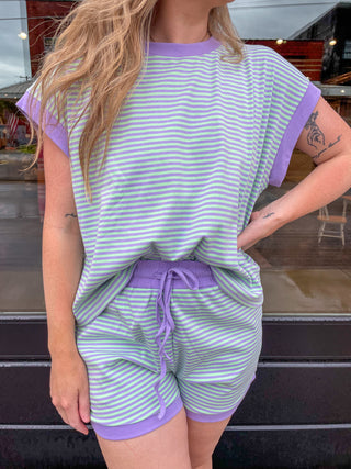 Striped Knit Top and Shorts Lounge Set- Lilac