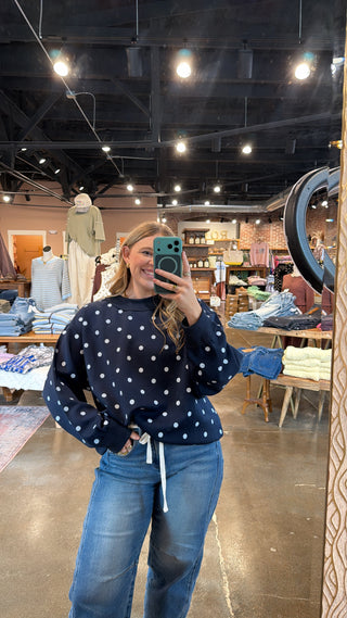 Polka Pop Mock Neck Pullover- Navy