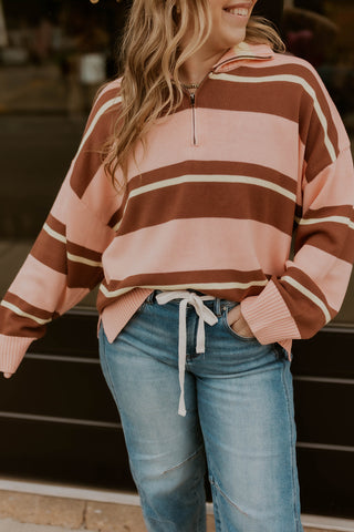 Cabin Stripe Quarter Zip Sweater- Blush