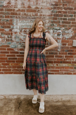 Plaid Smocked Tiered Midi Dress