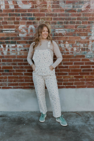 Floral Ecru Denim Overalls