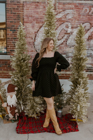 Texture Smocked Dress- Black