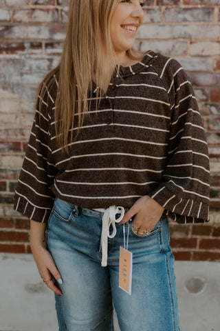 Here For It Henley Top- Dark Brown