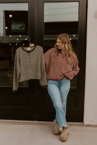 Not The Usual Striped Cardigan- Olive