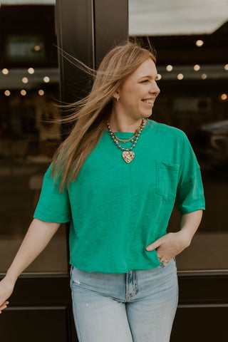 Oversized Cropped Pocket Tee- Hunter Green