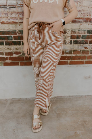 Patch Me In Striped Barrel Pants- Caramel