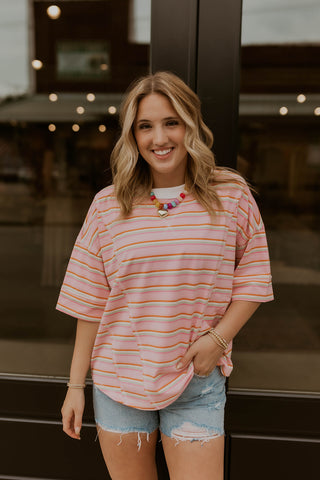 Striped Oversized Short Sleeve Knit Top