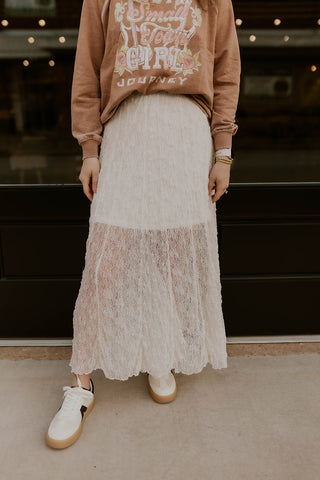Model wearing Lace overlay maxi skirt with A Small Town Girl Sweatshirt.