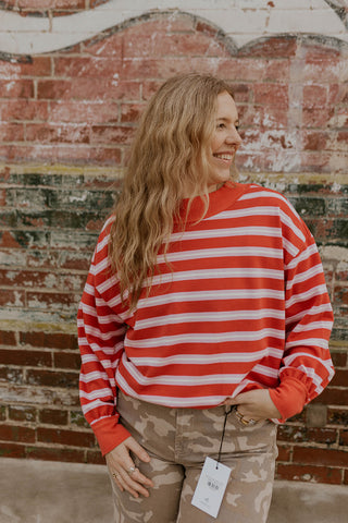 Stripe Right Mock Neck Sweatshirt- Red