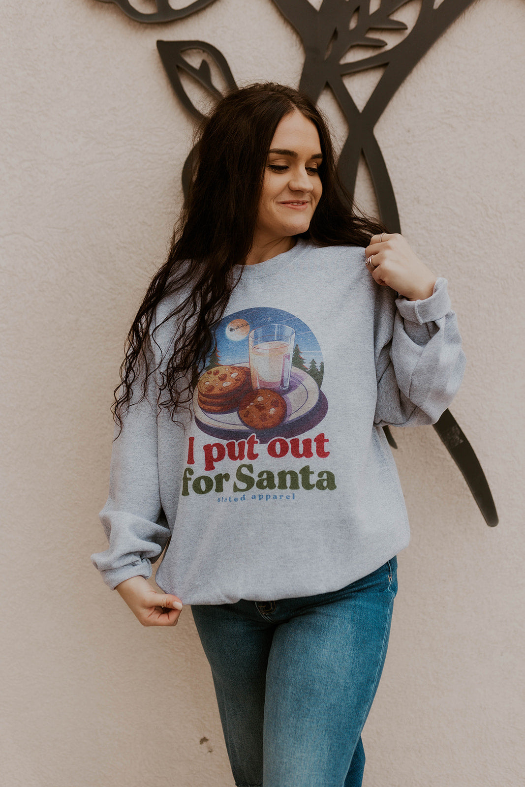 Christmas Sweatshirt that Says "I Put Out for Santa"  with picture of Cookies & milk
