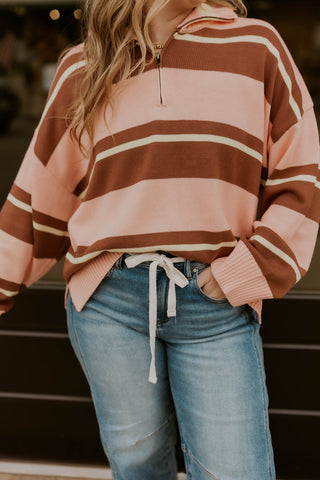 Cabin Stripe Quarter Zip Sweater- Blush