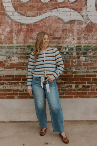 Happy Striped Button Up Sweater