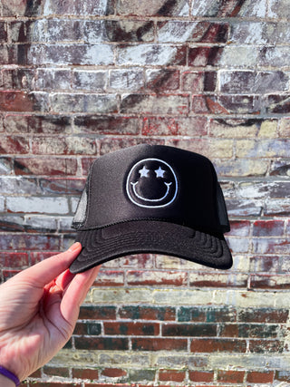 Starry Eyed Embroidered Trucker Hat- Black