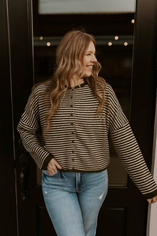 Not The Usual Striped Cardigan- Olive