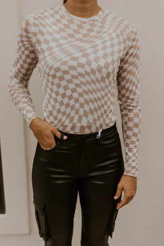 Neutral Checkered Mesh Top