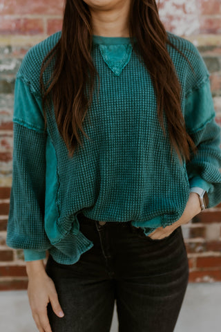 Mineral Wash Waffle Knit Pullover- Midnight Green