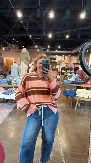 Cabin Stripe Quarter Zip Sweater- Blush