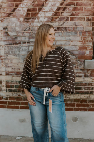Here For It Henley Top- Dark Brown