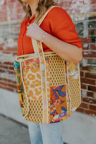 Quilted Striped Binding Roomy Fit Yellow Tote Bag