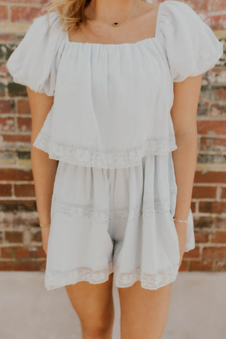 Square Neck Lace Detail Romper- Baby Blue