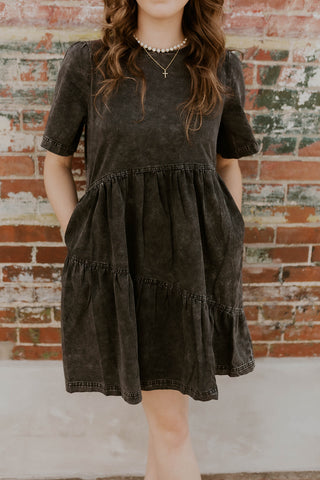 Mineral Wash Denim Flutter Sleeve Dress