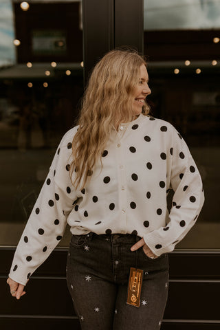 Perfectly Polka Button Up Sweater- Cream