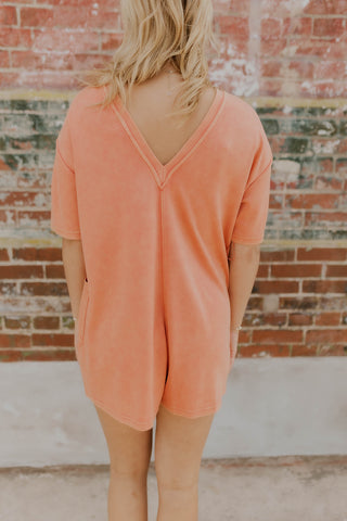 Mineral Washed Soft Knit Romper- Salmon