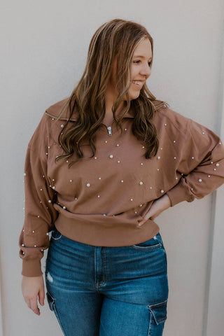 Pearl Embellished Half Zip Pullover- Mocha